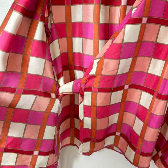 Banana Republic Pink Orange Ivory Check Print Silk SS Wrap Blouse Size S Petite - Picture 11 of 15